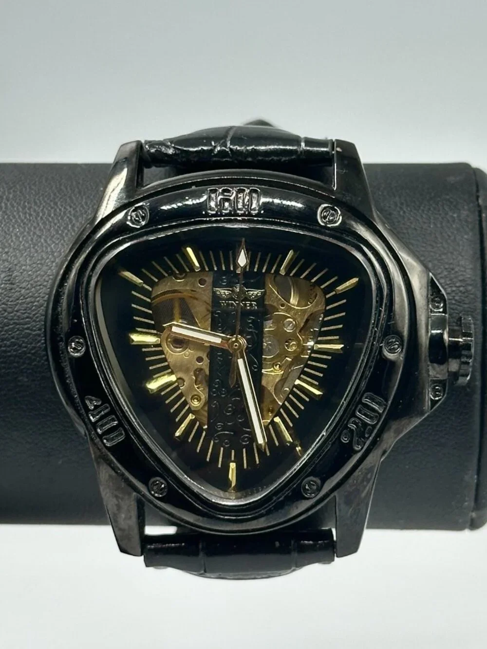 Winner Automatic Watch 49mm Black Triangle Case Skeleton Dial Leather Band